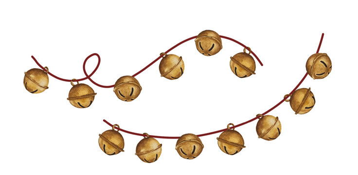 Watercolor golgen jingle bells garland. Christmas bells illustration on white background.