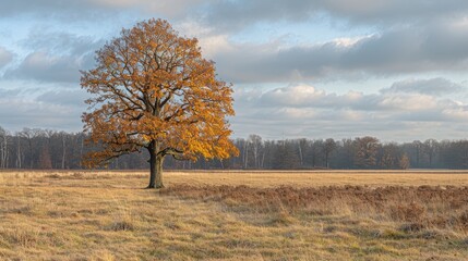 Fototapeta premium A solitary oak tree stands amidst a vast grassland with golden autumn foliage under a soft sky with scattered clouds, capturing the beauty of a serene landscape