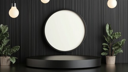 A minimalist interior scene featuring a round mirror, hanging lights, and potted plants against a textured black wall.