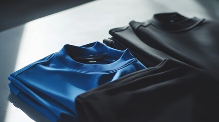 A neatly arranged collection of minimalist sportswear in blue and black rests on a smooth table bathed in soft, natural light. Generative AI