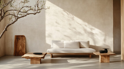 Minimalist rustic living room with sleek modern sofa and wooden tables