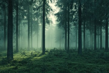 Fototapeta premium Serene Misty Forest Landscape at Dawn