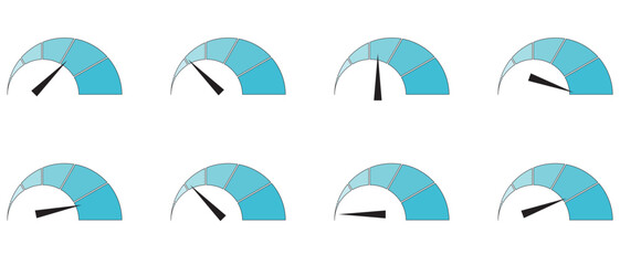 Dashboard speedometer icons set. Tachometer icon isolated. Performance indicator sign. Car speed. Fast internet speed sign. Stock flat vector elements.