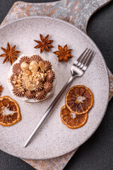 Sweet puff tart with meringue, cream and nuts