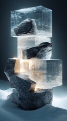 Sliced cubes with contrasting textures of glossy plastic and rough stone, bright light illuminating the slices, deep shadows adding depth, sharp angular cuts,