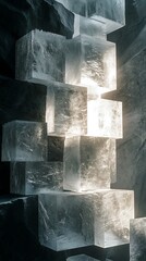 Sliced cubes with contrasting textures of glossy plastic and rough stone, bright light illuminating the slices, deep shadows adding depth, sharp angular cuts,