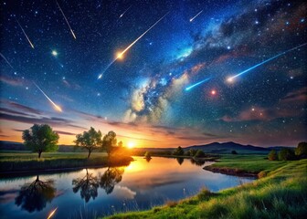 Naklejka premium Panoramic View of a Comet Shower with Falling Stars Over a Serene Landscape at Night