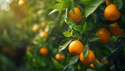 The photo shows several oranges hanging from the branches of an orange tree, with green leaves and water droplets on them. 
The background is blurred to focus attention on the fruits. Ai generative
