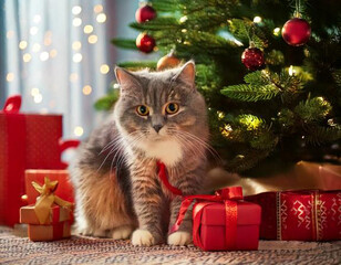  cat, with, christmas, decorations, gift box and new year tree 77493