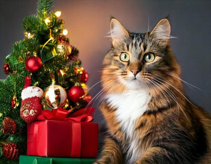  cat, with, christmas, decorations, gift box and new year tree 92867