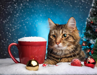  cat, with, christmas, decorations, happy new year snow cup concept 1939