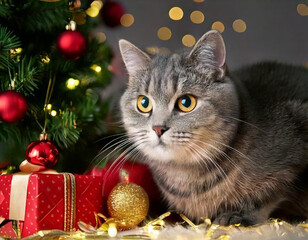  cat, with, christmas, decorations, gift box and new year tree 83692