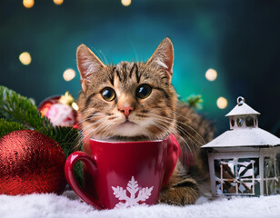  cat, with, christmas, decorations, happy new year snow cup concept 2784