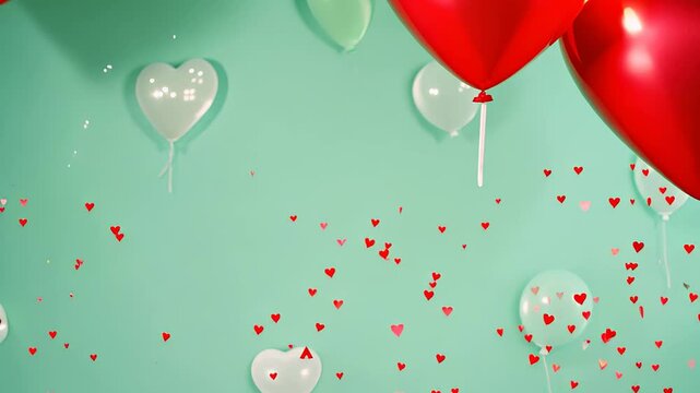 Large red balloon in the corner floating with a shower of small hearts on a green background. video