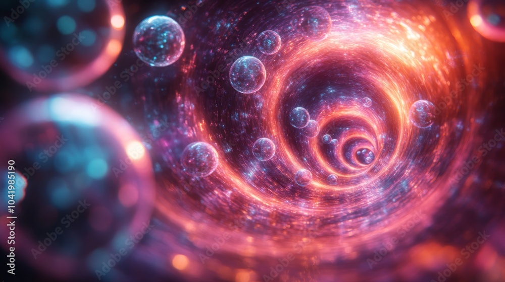 Fototapete Colorful orbs spiral through a dazzling cosmic tunnel, creating a captivating visual of depth and motion in an abstract digital art piece.