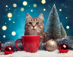  cat, with, christmas, decorations, happy new year snow cup concept 19806