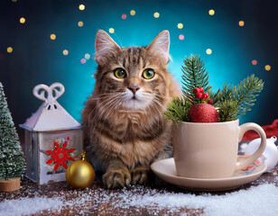  cat, with, christmas, decorations, happy new year snow cup concept 48769