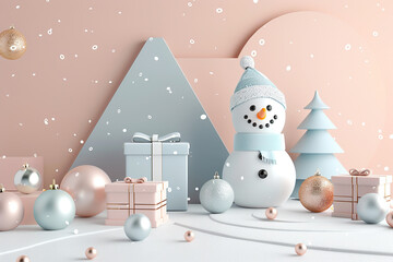 Christmas art postcard, Christmas modern decor art tree and gifts, New Year banner, podium decor Composition Christmas tree, gift boxes, New Year balls,