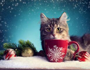  cat, with, christmas, decorations, happy new year snow cup concept 49521