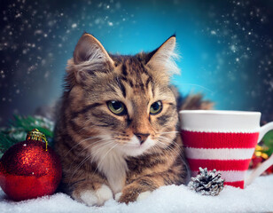  cat, with, christmas, decorations, happy new year snow cup concept 65707