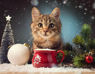  cat, with, christmas, decorations, happy new year snow cup concept 72433