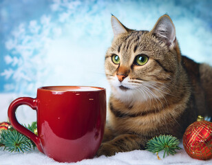  cat, with, christmas, decorations, happy new year snow cup concept 95557