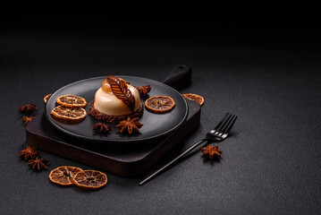 Sweet tart with pear lemon mousse cream and chocolate cake base