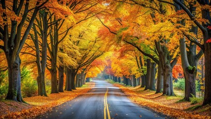 Fototapeta premium Road with trees and falling leaves creating leading lines