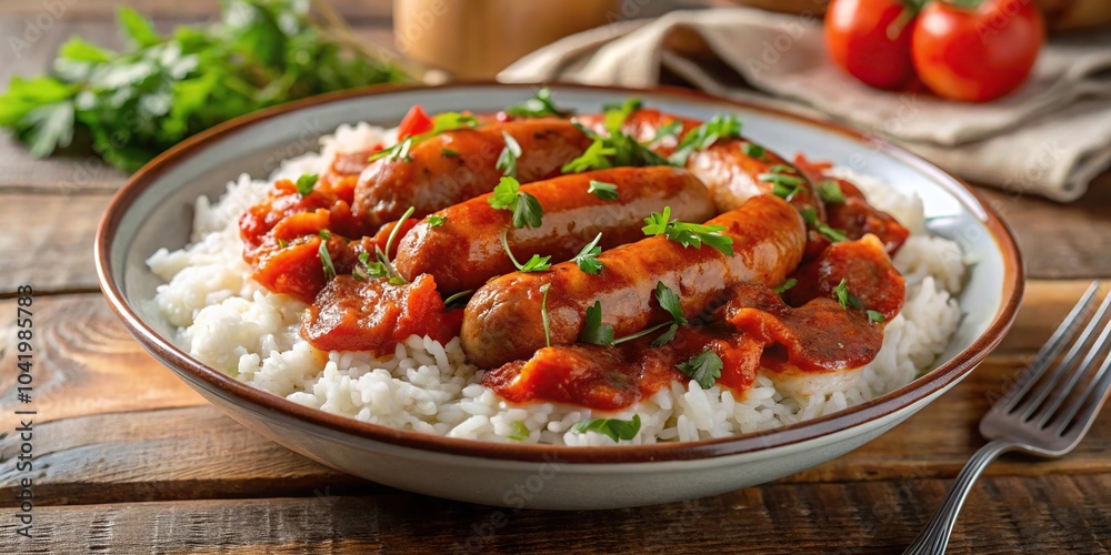 Wall mural Delicious sausage meal with rice and tomato sauce