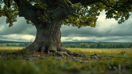 Fototapeta premium Resilient tree with deep roots in serene landscape