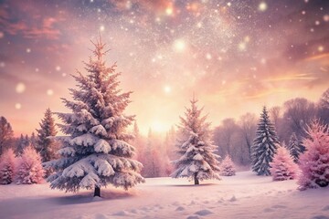 Fototapeta premium Pastel Pink Snowy Winter Landscape for Retro Merry Christmas Greeting Card Design