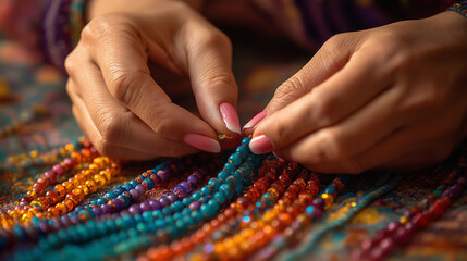 Hands playing with colorful beads, threading a bracelet, craft-focused setting