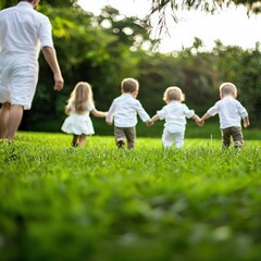 Obraz premium Children in White Attire Joyfully Running Through Lush Green Grass on a Sunny Day