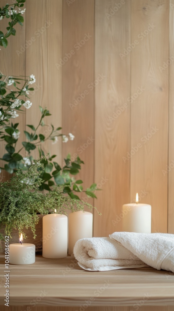 Poster Burning candles and clean towels are arranged on a wooden surface, creating a serene and inviting ambiance for a relaxing spa experience
