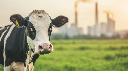 Dairy Cow Grazing in a Meadow with a Factory in the Background, Representing the Impact of Agriculture on the Environment