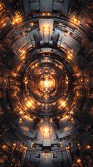 Symmetrical fractal design with detailed metallic textures, bronze and steel tones, glowing edges and reflective surfaces, intricate geometric patterns, dynamic and futuristic composition,