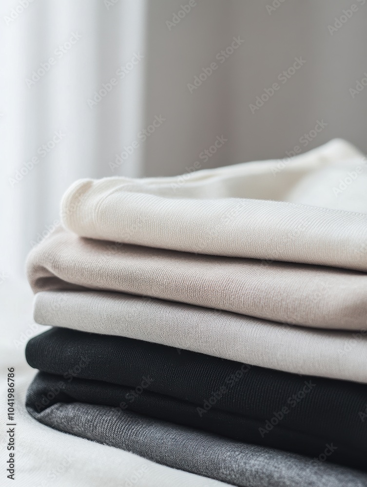Poster a stack of neatly folded minimalist sportswear in neutral colors rests on a smooth table, creating a