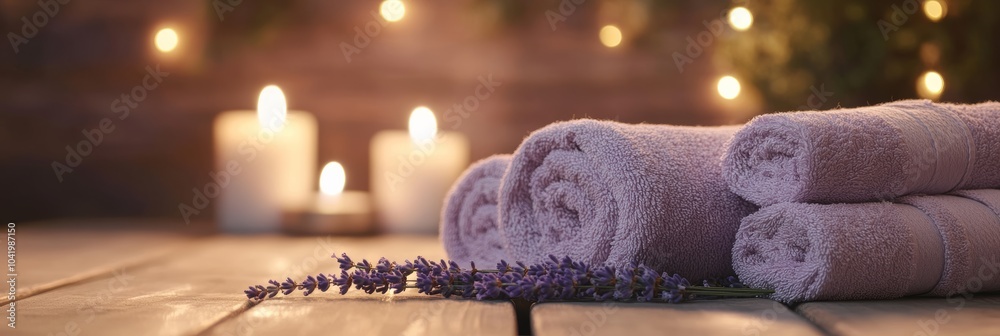 Poster Fresh lavender and soft towels are laying on a wooden table, creating a relaxing atmosphere in a spa center with candles in the background