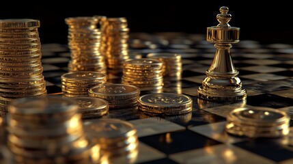 The idea of financing a business project. Generic golden coins and pawns are depicted in 3D on a black background.

