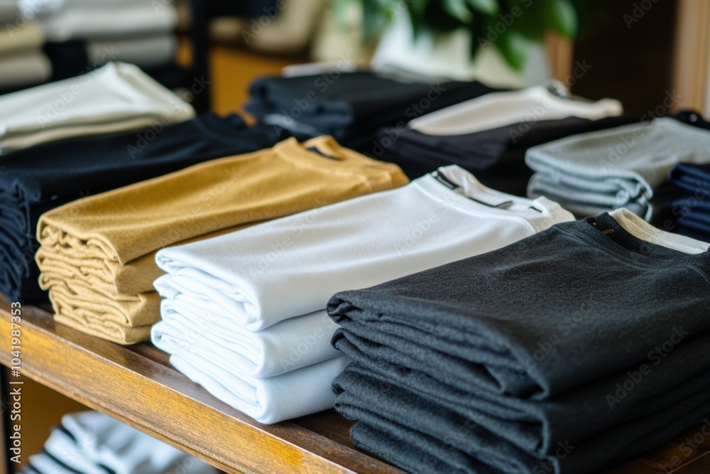 Poster neatly folded minimalist sportswear in various colors rests on a smooth table, showcasing a clean an