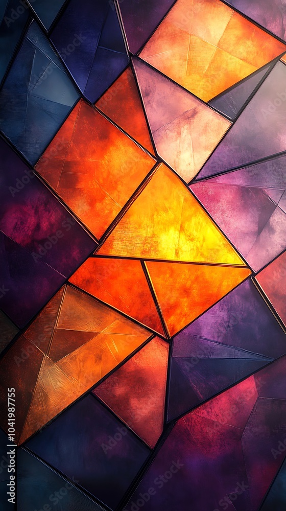 Poster Vibrant geometric background of overlapping triangles, gradient shading from orange to purple, intricate shadow details, luminous edges, abstract pattern, crisp and clean lines, high contrast,