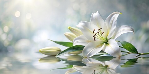 Soft focus white lily flowers reflected in water, mourning background