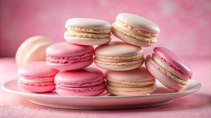 Fototapeta premium Pink and White Macarons on Plate for Bakery Design, Studio Food Photography, Elegant Dessert Display