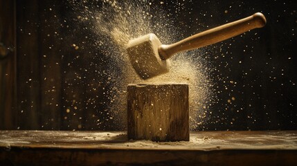 Wooden Mallet Striking a Wooden Block, Sparks Flying