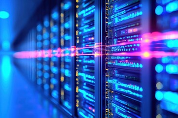 Fototapeta premium Data center with illuminated servers, showcasing high-tech networking equipment.