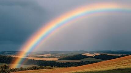 Naklejka premium Vibrant Rainbow Over Serene Rural Landscape