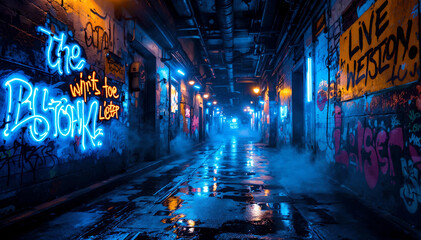Street at night with noen lights and graffiti