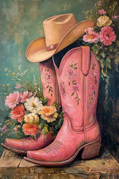 Artistic still life of pink cowboy boots filled with flowers, paired with a straw hat, creating a vintage Western-inspired scene