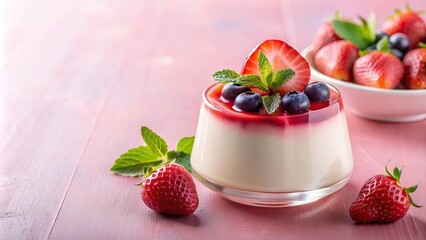 Delicious strawberry dessert with berries on pink background