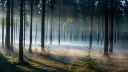 Fototapeta premium Sun shines through the trees in a misty forest on a sunny day